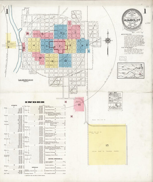 Sanborn Fire Insurance Map from Humboldt, Allen County, Kansas (1927), Sheet #0001 - Historic Sanborn Fire Insurance Map Print, vintage old map wall art, antique decor, genealogy gift, Kansas Kansas map