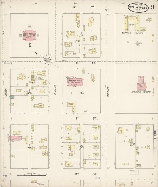 Sanborn Fire Insurance Map from Walla Walla, Walla Walla County, Washington (1888), Sheet #0003 - Historic Sanborn Fire Insurance Map Print, vintage old map wall art, antique decor, genealogy gift, Washington Washington map