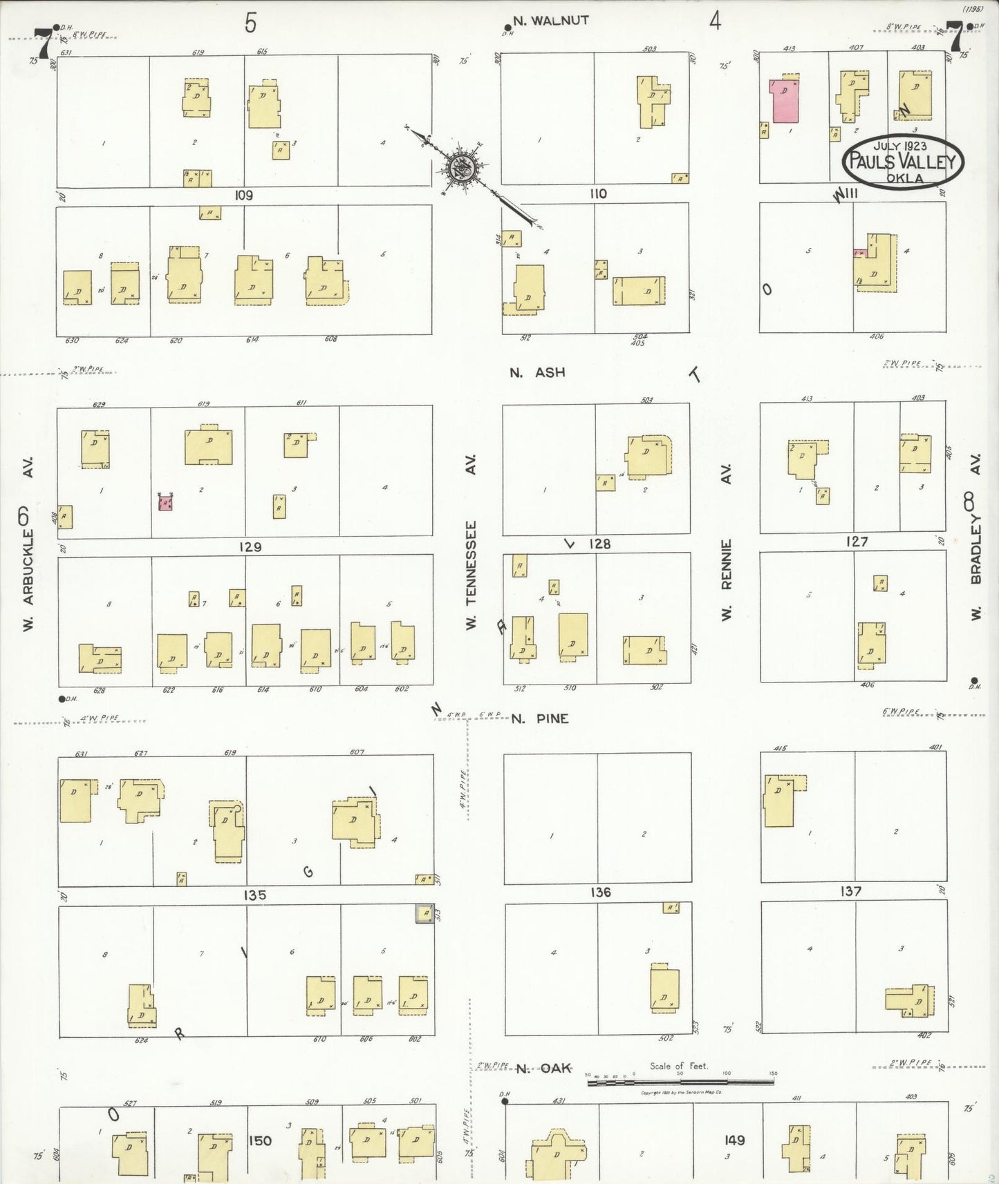 Sanborn Fire Insurance Map from Pauls Valley, Garvin County, Oklahoma (1923), Sheet #0007 - Historic Sanborn Fire Insurance Map Print, vintage old map wall art, antique decor, genealogy gift, Oklahoma Oklahoma map