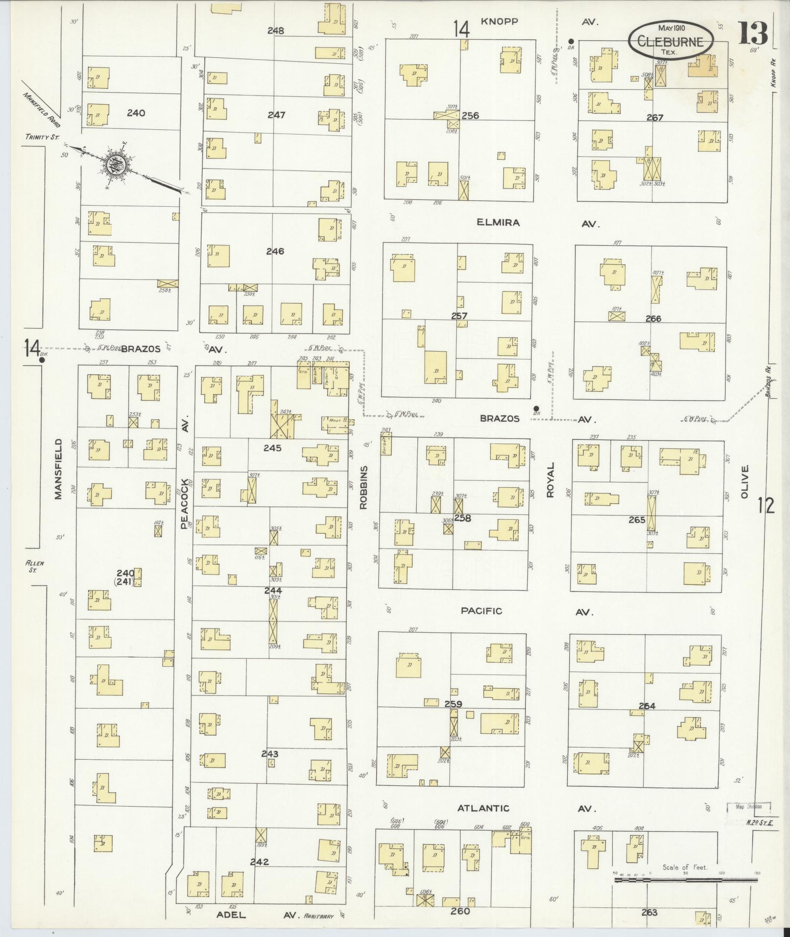 Sanborn Fire Insurance Map from Cleburne, Johnson County, Texas (1910), Sheet #0013 - Historic Sanborn Fire Insurance Map Print, vintage old map wall art, antique decor, genealogy gift, Texas Texas map