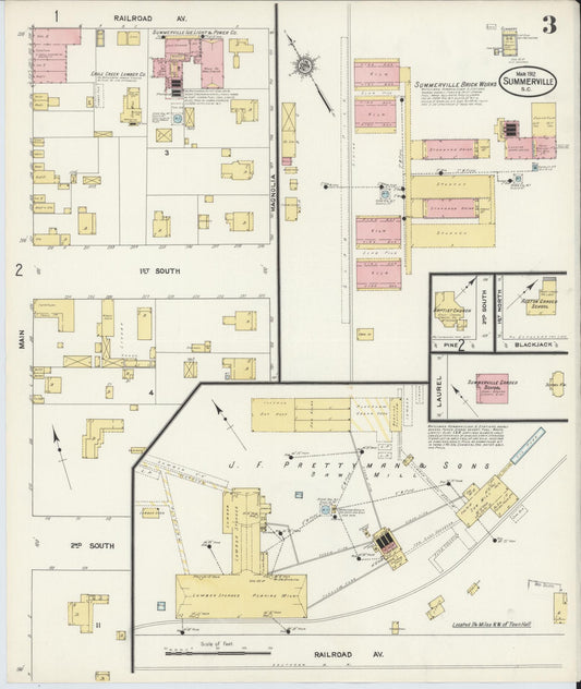 Sanborn Fire Insurance Map from Summerville, Dorchester County, South Carolina (1912), Sheet #0003 - Historic Sanborn Fire Insurance Map Print, vintage old map wall art, antique decor, genealogy gift, South Carolina South Carolina map