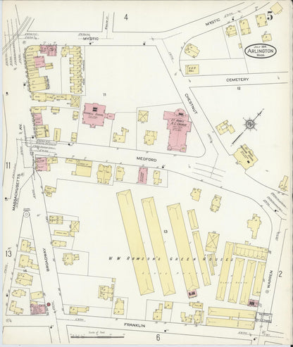 Sanborn Fire Insurance Map from Arlington, Middlesex County, Massachusetts (1914), Sheet #0005 - Historic Sanborn Fire Insurance Map Print, vintage old map wall art, antique decor, genealogy gift, Massachusetts Massachusetts map