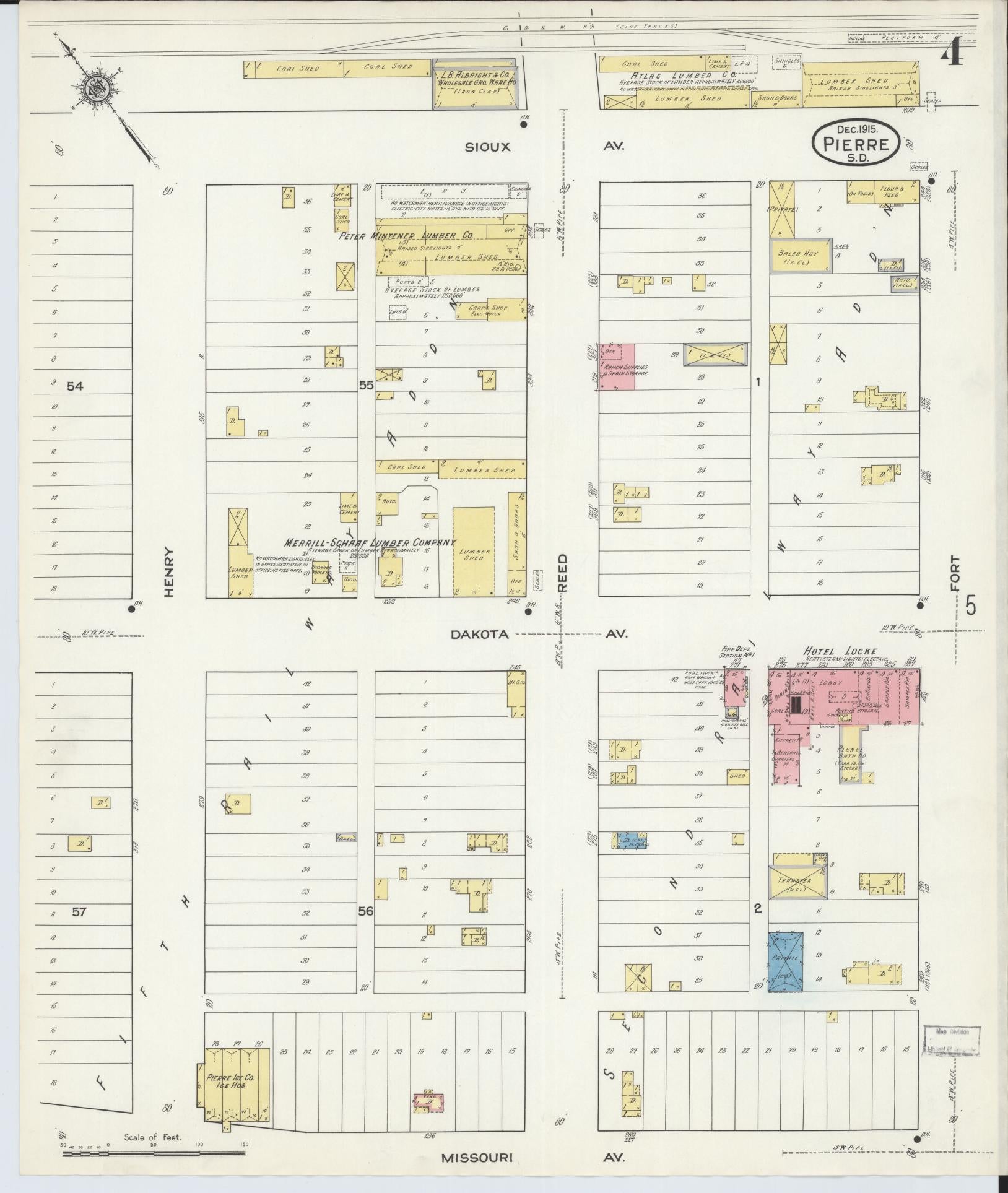 Sanborn Fire Insurance Map from Pierre, Hughes County, South Dakota (1915), Sheet #0004 - Complete Map Set gallery image, historic Sanborn map, vintage wall art, South Dakota South Dakota