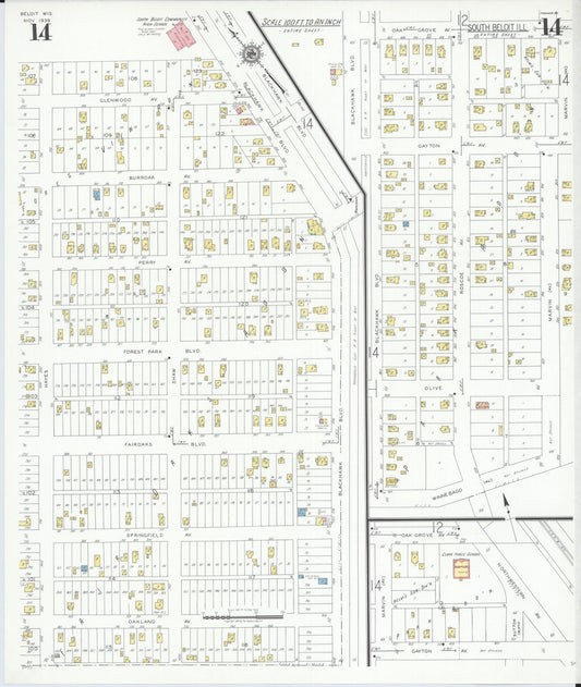 Sanborn Fire Insurance Map from Beloit, Rock County, Wisconsin (1939), Sheet #0014 - Historic Sanborn Fire Insurance Map Print, vintage old map wall art, antique decor, genealogy gift, Wisconsin Wisconsin map