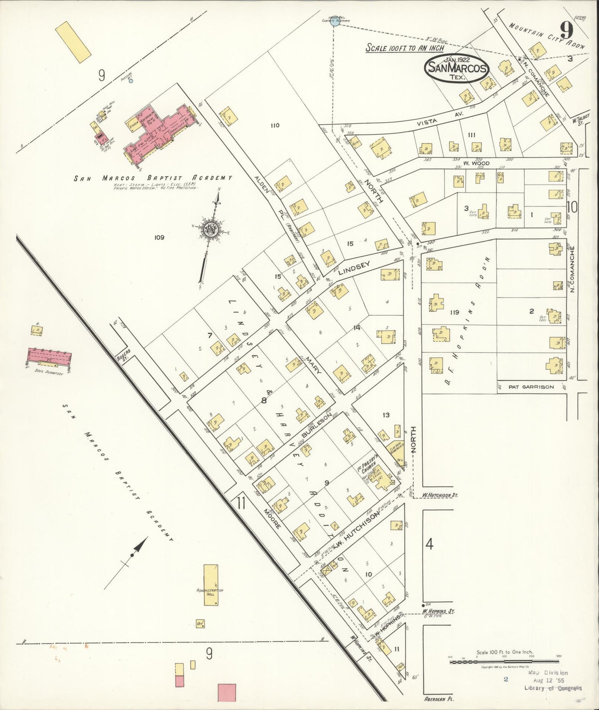 Sanborn Fire Insurance Map from San Marcos, Hays County, Texas (1922), Sheet #0009 - Complete Map Set gallery image, historic Sanborn map, vintage wall art, Texas Texas