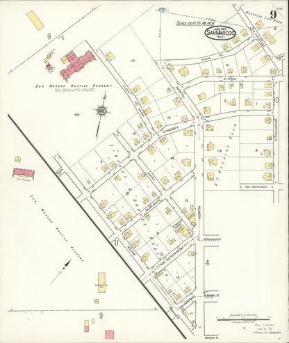 Sanborn Fire Insurance Map from San Marcos, Hays County, Texas (1922), Sheet #0009 - Complete Map Set gallery image, historic Sanborn map, vintage wall art, Texas Texas