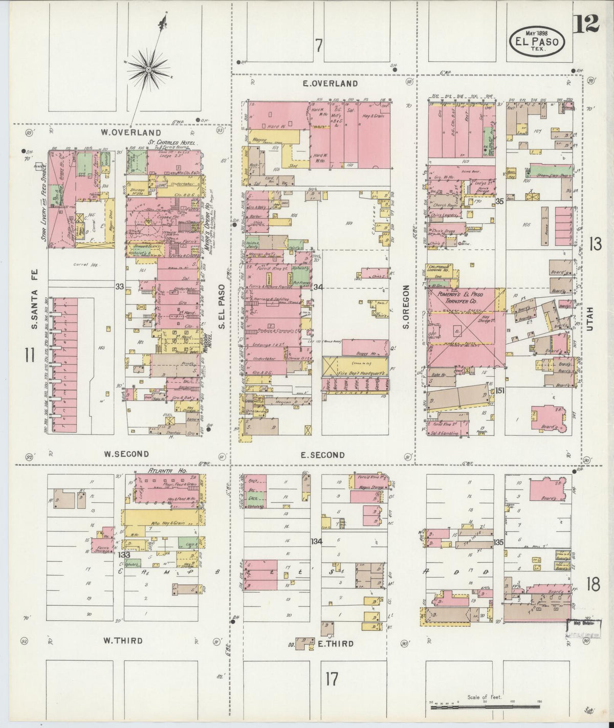 Sanborn Fire Insurance Map from El Paso, El Paso County, Texas (1898), Sheet #0012 - Historic Sanborn Fire Insurance Map Print, vintage old map wall art, antique decor, genealogy gift, Texas Texas map