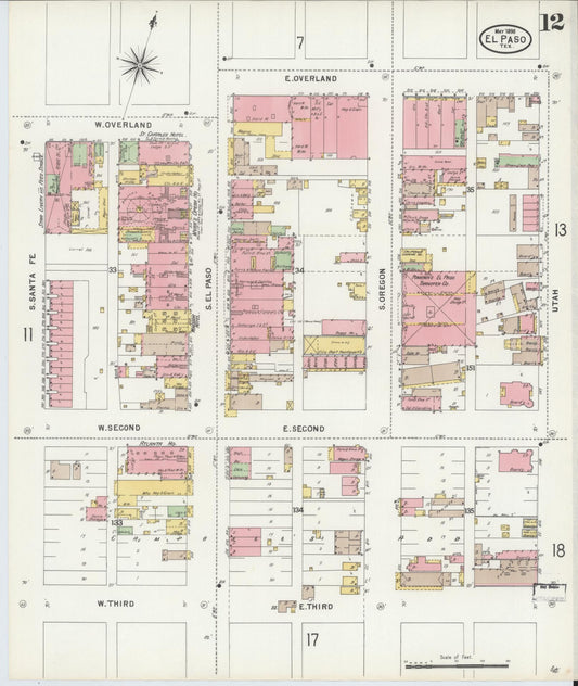 Sanborn Fire Insurance Map from El Paso, El Paso County, Texas (1898), Sheet #0012 - Historic Sanborn Fire Insurance Map Print, vintage old map wall art, antique decor, genealogy gift, Texas Texas map