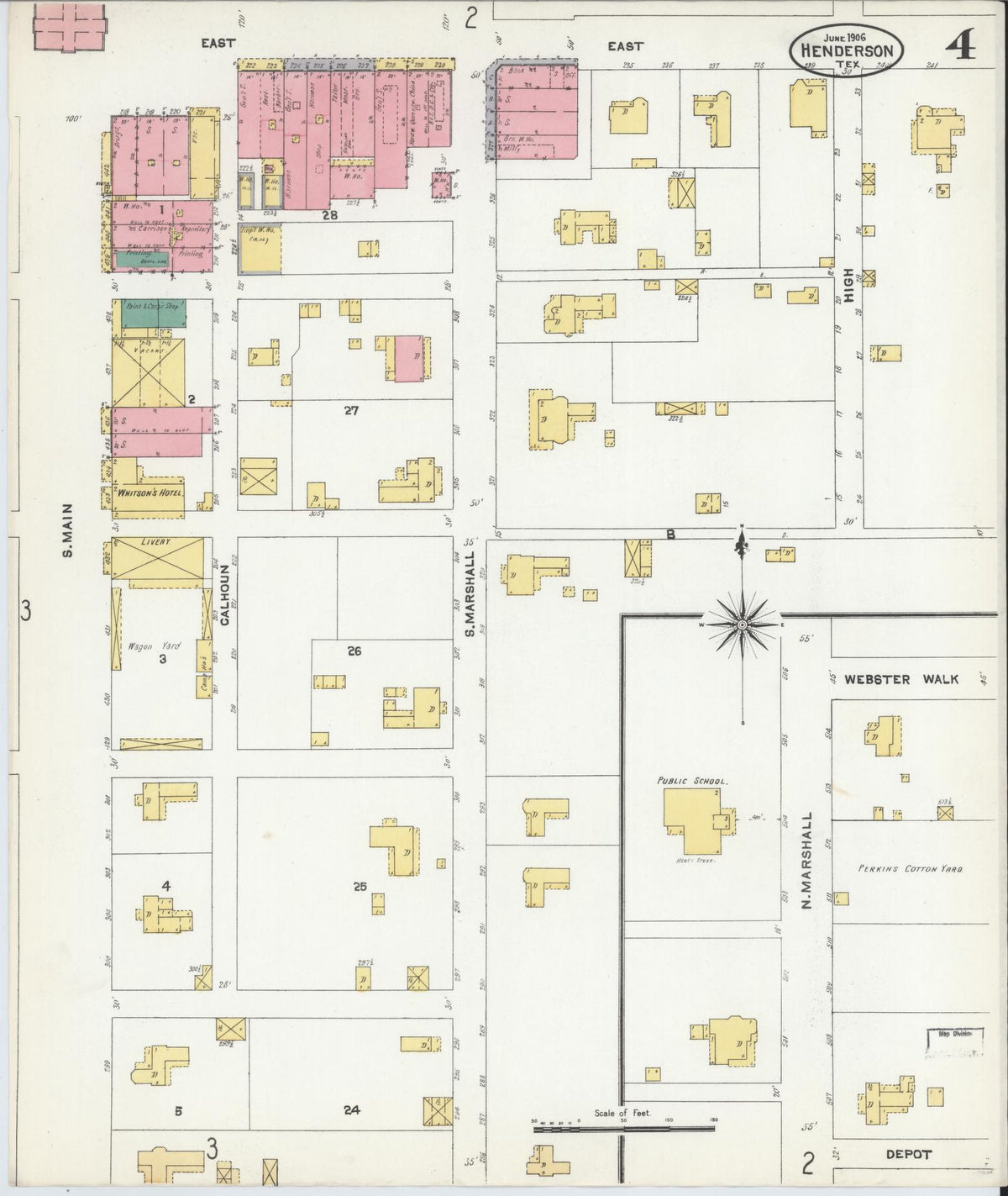 Sanborn Fire Insurance Map from Henderson, Rusk County, Texas (1906), Sheet #0004 - Complete Map Set gallery image, historic Sanborn map, vintage wall art, Texas Texas