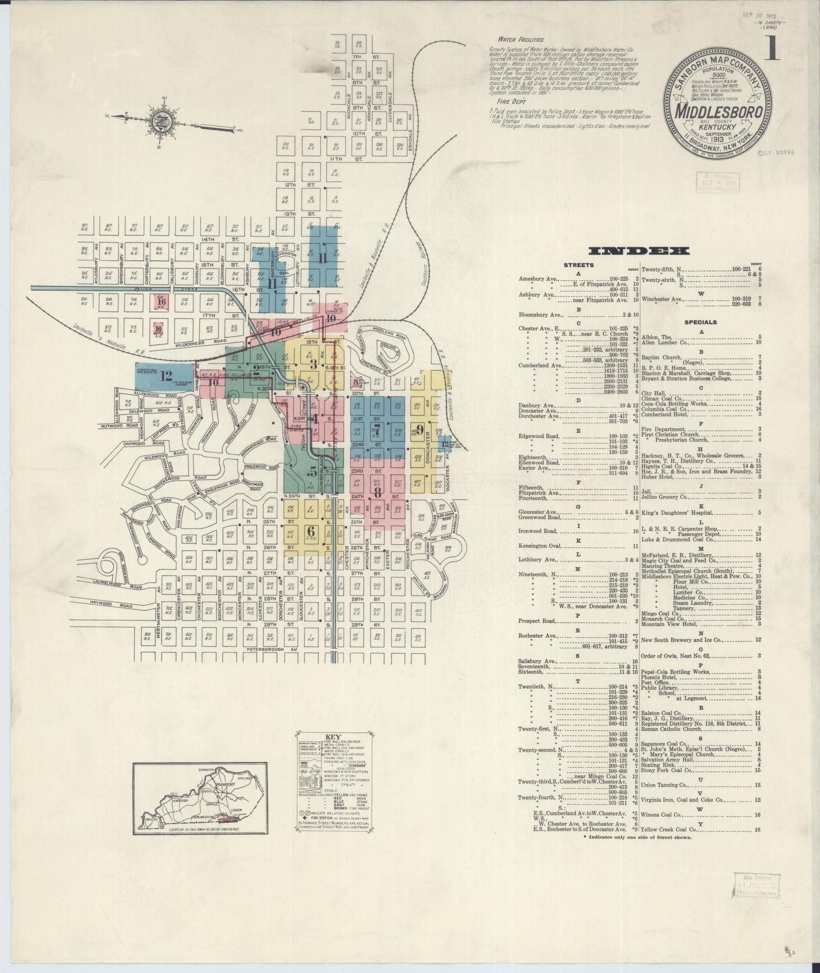 Sanborn Fire Insurance Map from Middlesboro, Bell County, Kentucky (1913), Sheet #0001 - Historic Sanborn Fire Insurance Map Print, vintage old map wall art, antique decor, genealogy gift, Kentucky Kentucky map