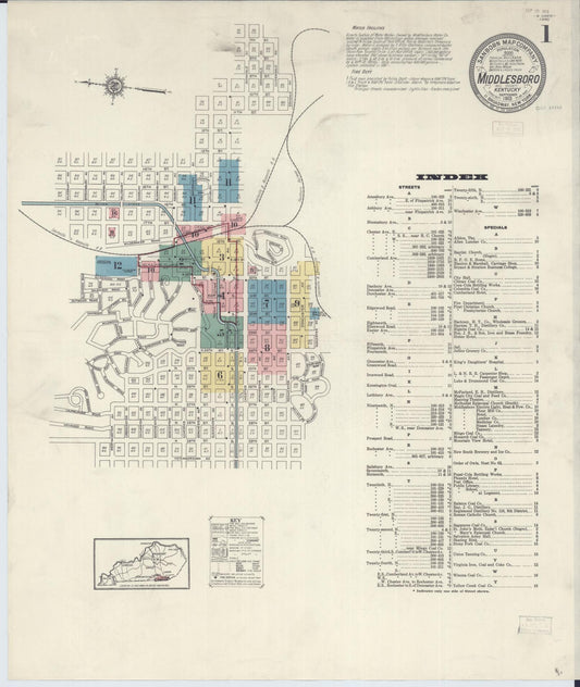Sanborn Fire Insurance Map from Middlesboro, Bell County, Kentucky (1913), Sheet #0001 - Historic Sanborn Fire Insurance Map Print, vintage old map wall art, antique decor, genealogy gift, Kentucky Kentucky map