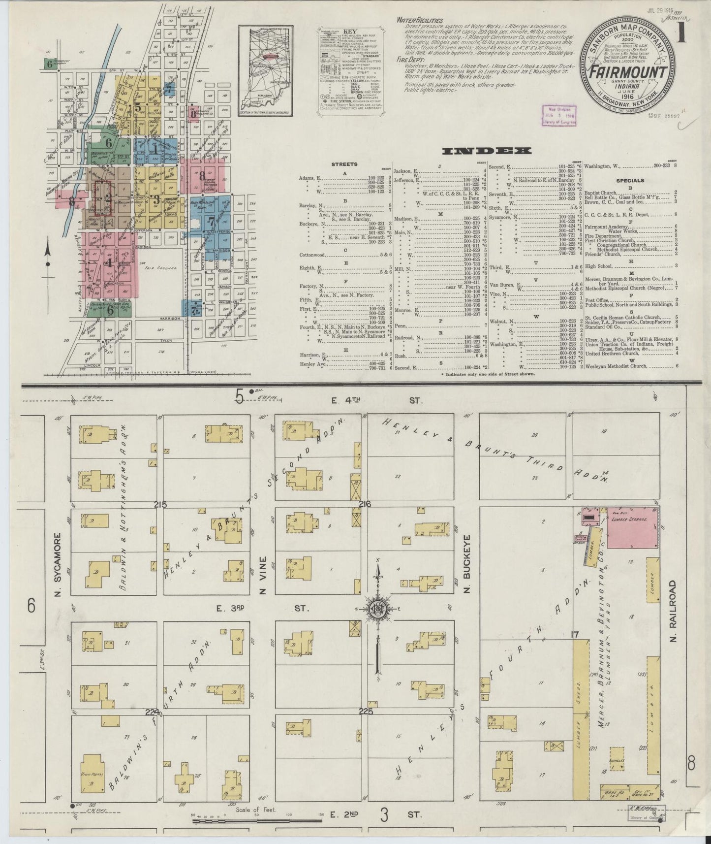 Sanborn Fire Insurance Map from Fairmount, Grant County, Indiana (1916), Sheet #0001 - Historic Sanborn Fire Insurance Map Print, vintage old map wall art, antique decor, genealogy gift, Indiana Indiana map