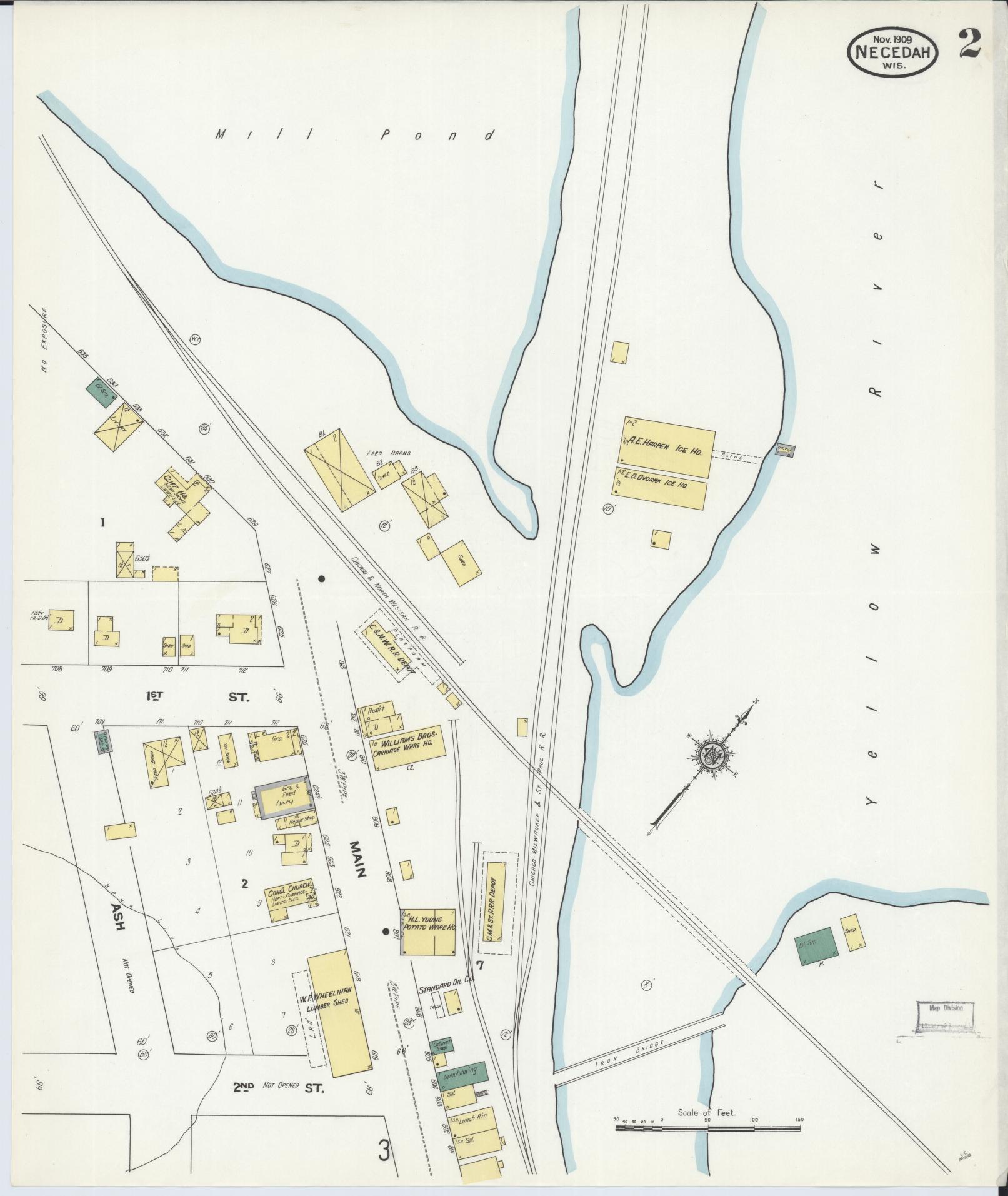 Sanborn Fire Insurance Map from Necedah, Juneau County, Wisconsin (1909), Sheet #0002 - Historic Sanborn Fire Insurance Map Print, vintage old map wall art, antique decor, genealogy gift, Wisconsin Wisconsin map