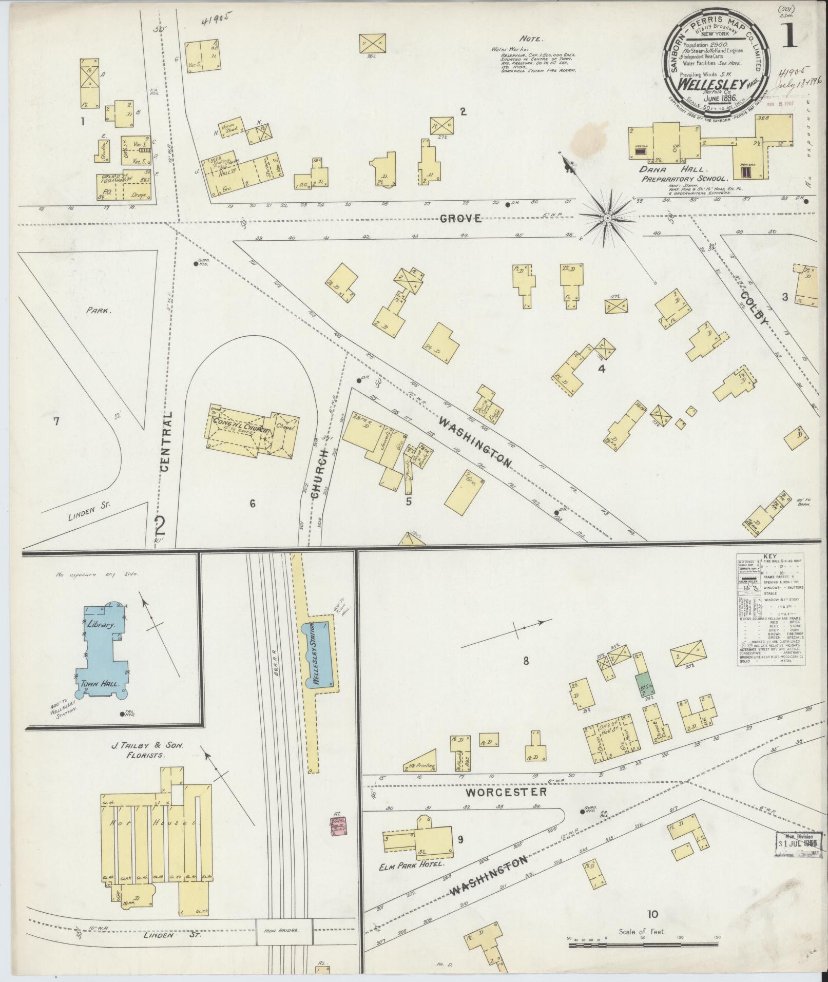 Sanborn Fire Insurance Map from Wellesley, Norfolk County, Massachusetts (1896), Sheet #0001 - Historic Sanborn Fire Insurance Map Print, vintage old map wall art, antique decor, genealogy gift, Massachusetts Massachusetts map