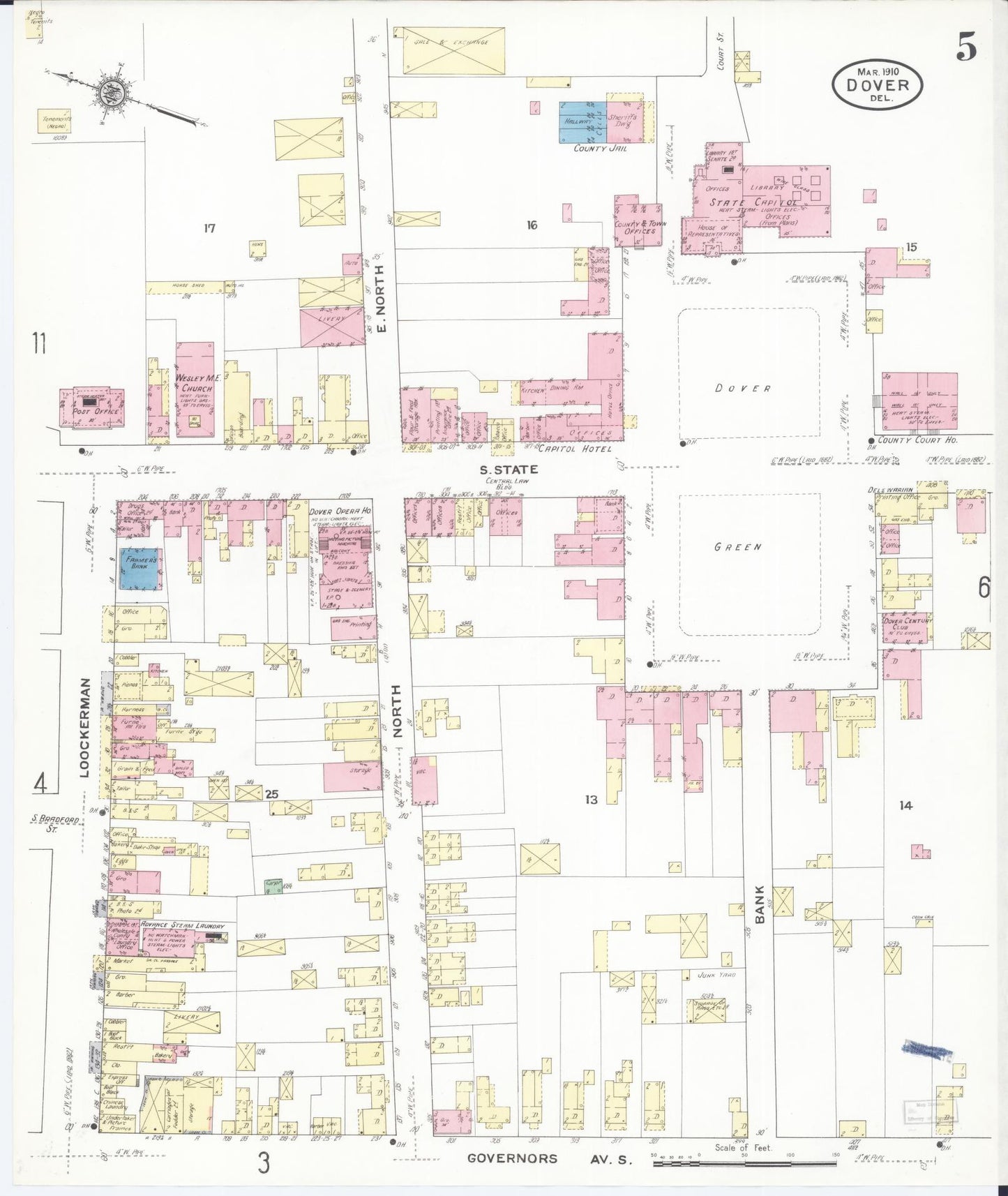 Sanborn Fire Insurance Map from Dover, Kent County, Delaware (1910), Sheet #0005 - Historic Sanborn Fire Insurance Map Print, vintage old map wall art, antique decor, genealogy gift, Delaware Delaware map