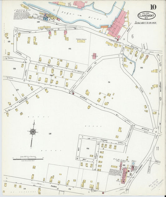 Sanborn Fire Insurance Map from Claremont, Sullivan County, New Hampshire (1918), Sheet #0010 - Historic Sanborn Fire Insurance Map Print, vintage old map wall art, antique decor, genealogy gift, New Hampshire New Hampshire map