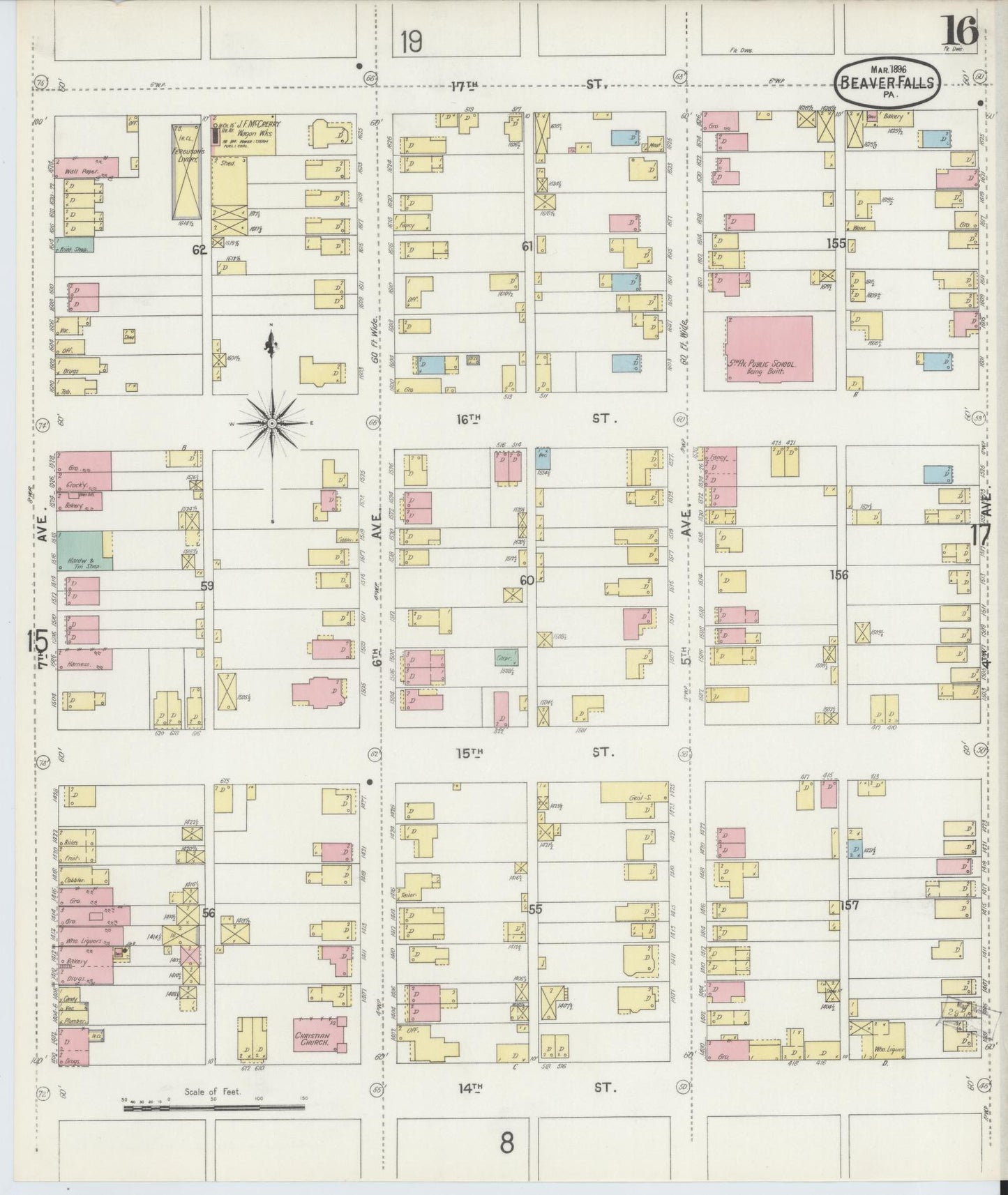 Sanborn Fire Insurance Map from Beaver Falls, Beaver County, Pennsylvania (1896), Sheet #0016 - Historic Sanborn Fire Insurance Map Print, vintage old map wall art, antique decor, genealogy gift, Pennsylvania Pennsylvania map