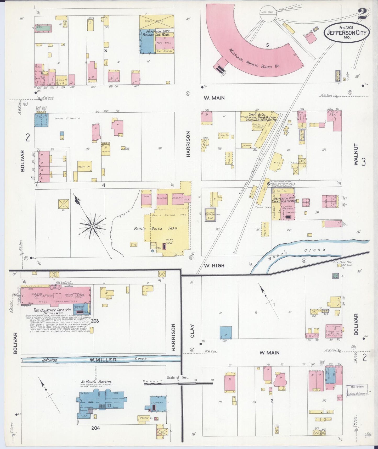 Sanborn Fire Insurance Map from Jefferson City, Cole County, Missouri (1908), Sheet #0002 - Historic Sanborn Fire Insurance Map Print, vintage old map wall art, antique decor, genealogy gift, Missouri Missouri map