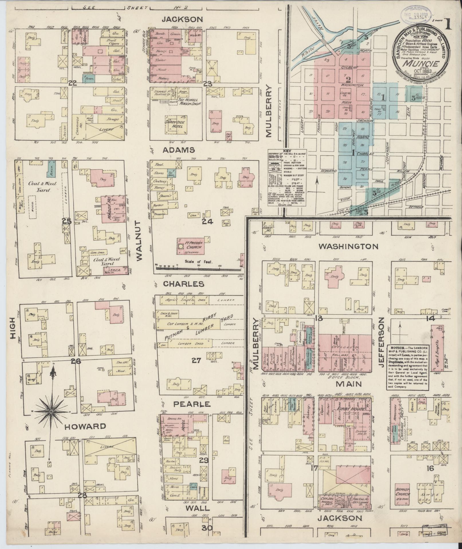 Sanborn Fire Insurance Map from Muncie, Delaware County, Indiana (1883), Sheet #0001 - Complete Map Set gallery image, historic Sanborn map, vintage wall art, Muncie Delaware