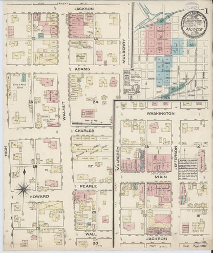 Sanborn Fire Insurance Map from Muncie, Delaware County, Indiana (1883), Sheet #0001 - Complete Map Set gallery image, historic Sanborn map, vintage wall art, Muncie Delaware