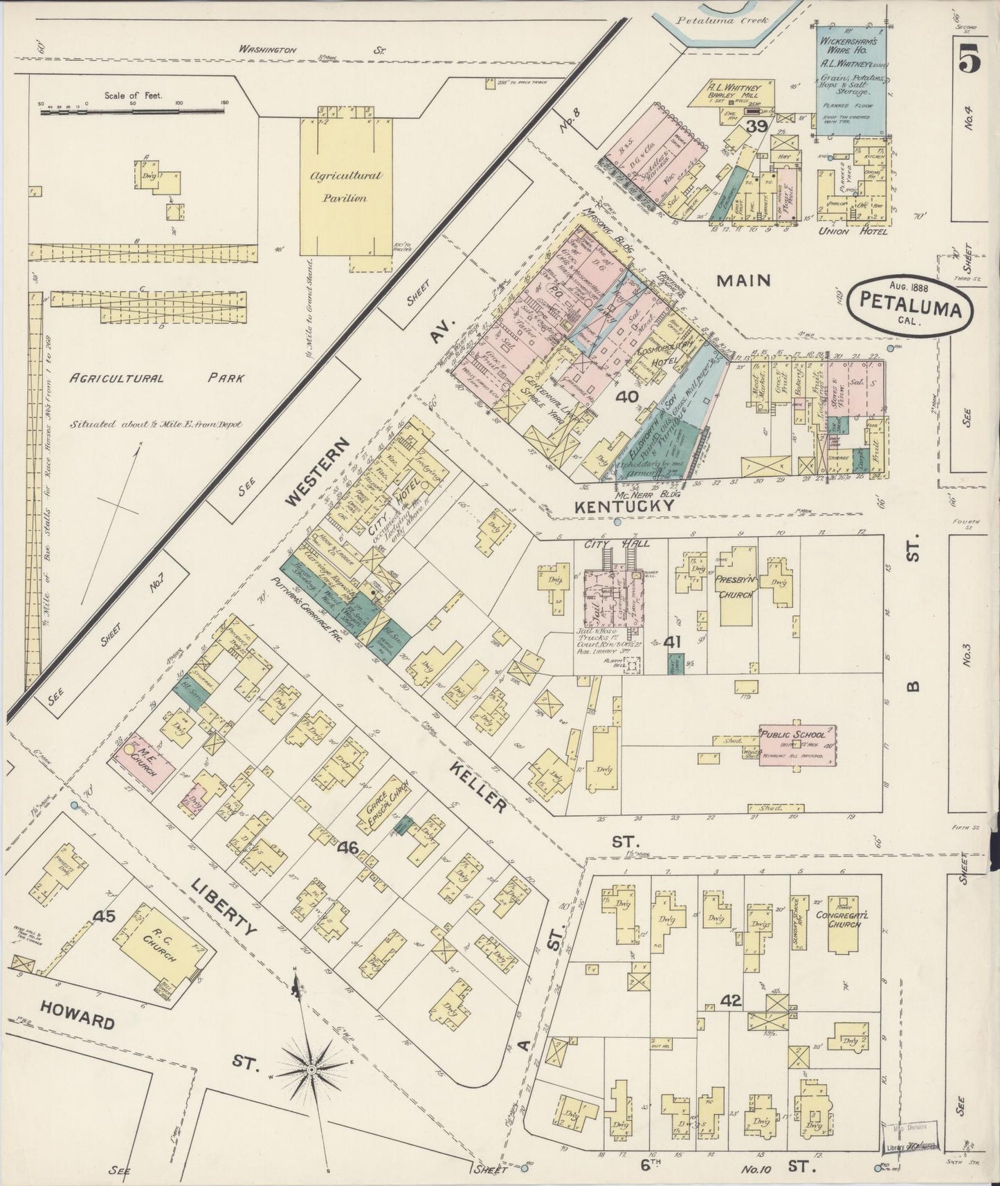 Sanborn Fire Insurance Map from Petaluma, Sonoma County, California (1888), Sheet #0005 - Complete Map Set gallery image, historic Sanborn map, vintage wall art, California California
