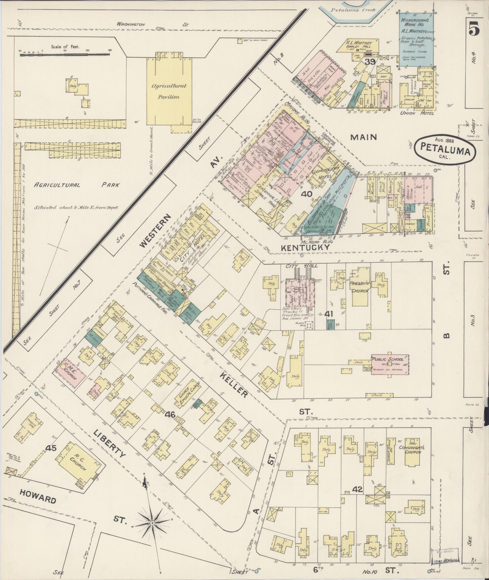 Sanborn Fire Insurance Map from Petaluma, Sonoma County, California (1888), Sheet #0005 - Complete Map Set gallery image, historic Sanborn map, vintage wall art, California California