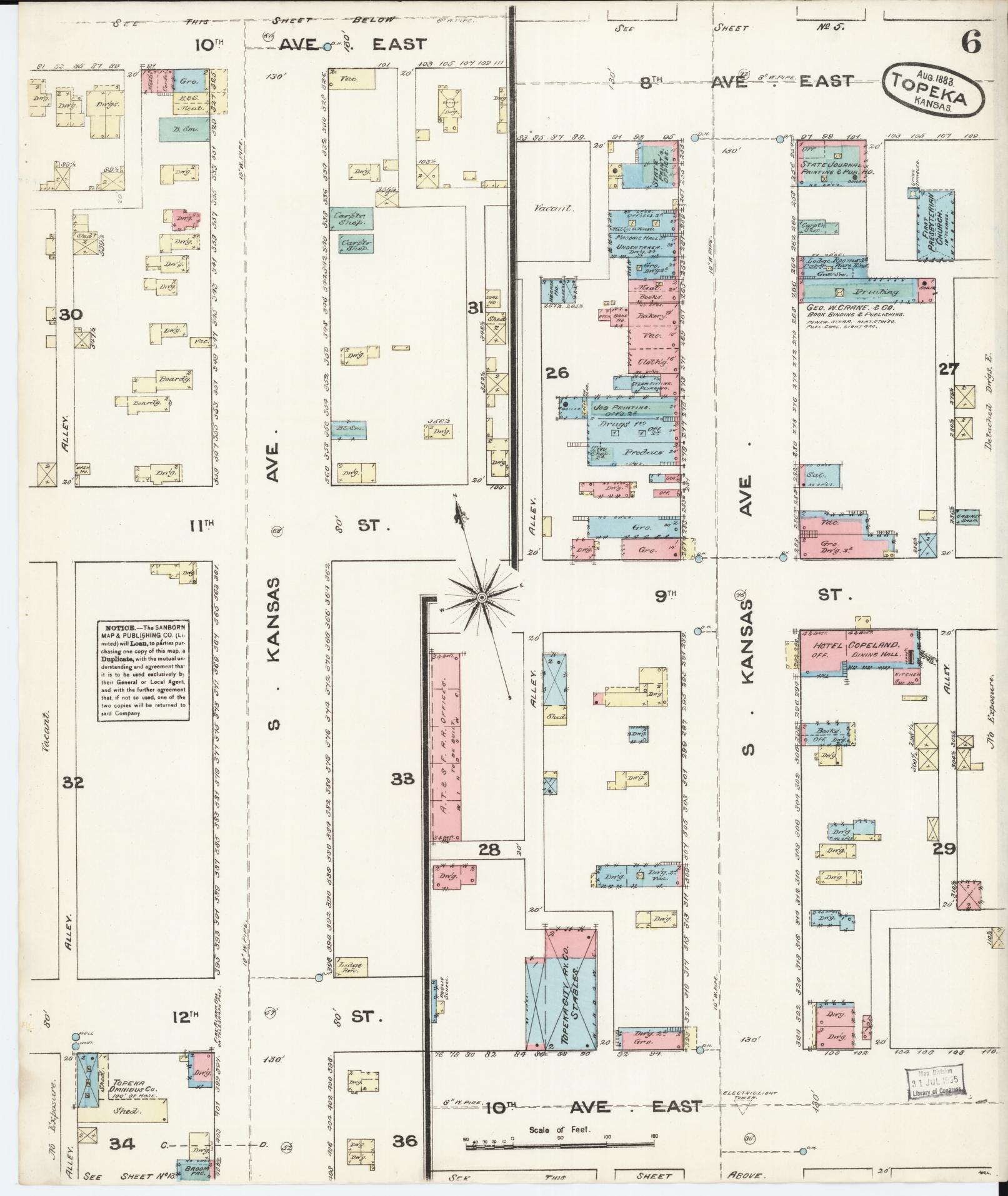 Sanborn Fire Insurance Map from Topeka, Shawnee County, Kansas (1883), Sheet #0006 - Historic Sanborn Fire Insurance Map Print, vintage old map wall art, antique decor, genealogy gift, Kansas Kansas map