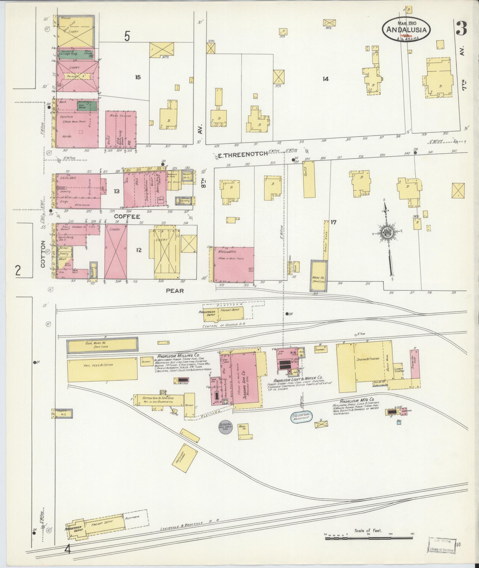 Sanborn Fire Insurance Map from Andalusia, Covington County, Alabama (1910), Sheet #0003 - Complete Map Set gallery image, historic Sanborn map, vintage wall art, Alabama Alabama