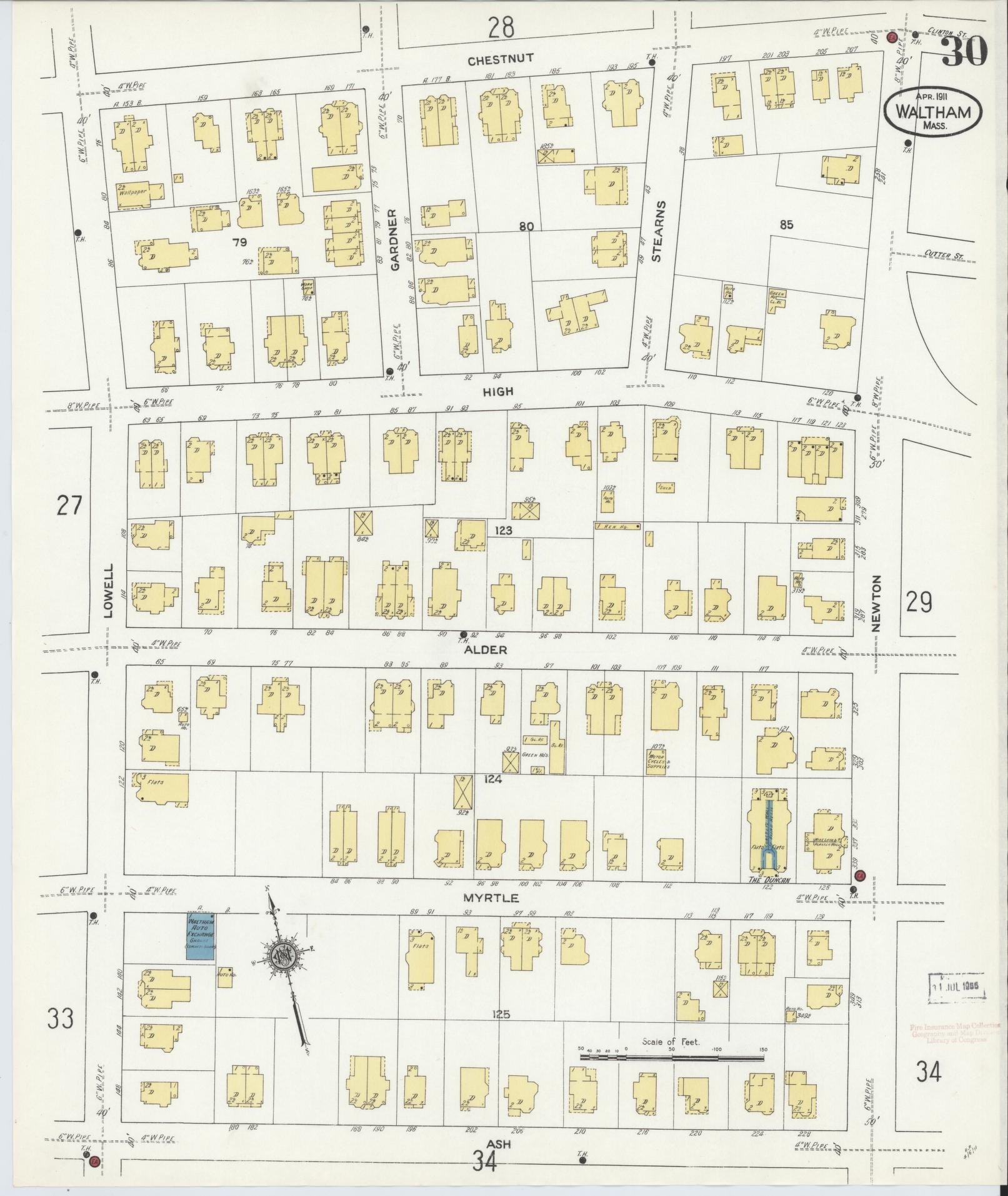 Sanborn Fire Insurance Map from Waltham, Middlesex County, Massachusetts (1911), Sheet #0030 - Historic Sanborn Fire Insurance Map Print, vintage old map wall art, antique decor, genealogy gift, Massachusetts Massachusetts map