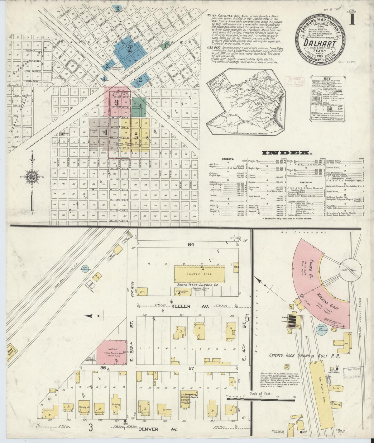 Sanborn Fire Insurance Map from Dalhart, Dallam And Hartley County, Texas (1913), Sheet #0001 - Complete Map Set gallery image, historic Sanborn map, vintage wall art, Texas Texas