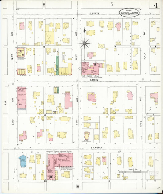 Sanborn Fire Insurance Map from Marshalltown, Marshall County, Iowa (1901), Sheet #0004 - Historic Sanborn Fire Insurance Map Print, vintage old map wall art