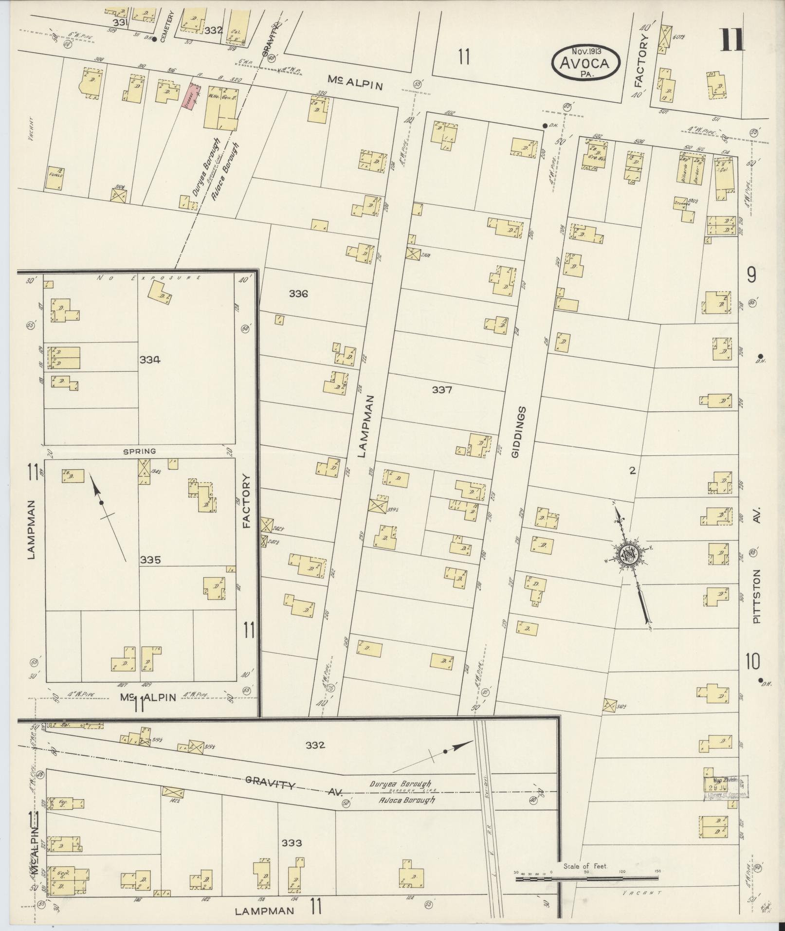 Sanborn Fire Insurance Map from Avoca, Luzerne County, Pennsylvania (1913), Sheet #0011 - Historic Sanborn Fire Insurance Map Print, vintage old map wall art, antique decor, genealogy gift, Pennsylvania Pennsylvania map