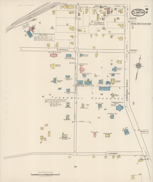 Sanborn Fire Insurance Map from Clinton, Laurens County, South Carolina (1922), Sheet #0007 - Historic Sanborn Fire Insurance Map Print, vintage old map wall art, antique decor, genealogy gift, South Carolina South Carolina map