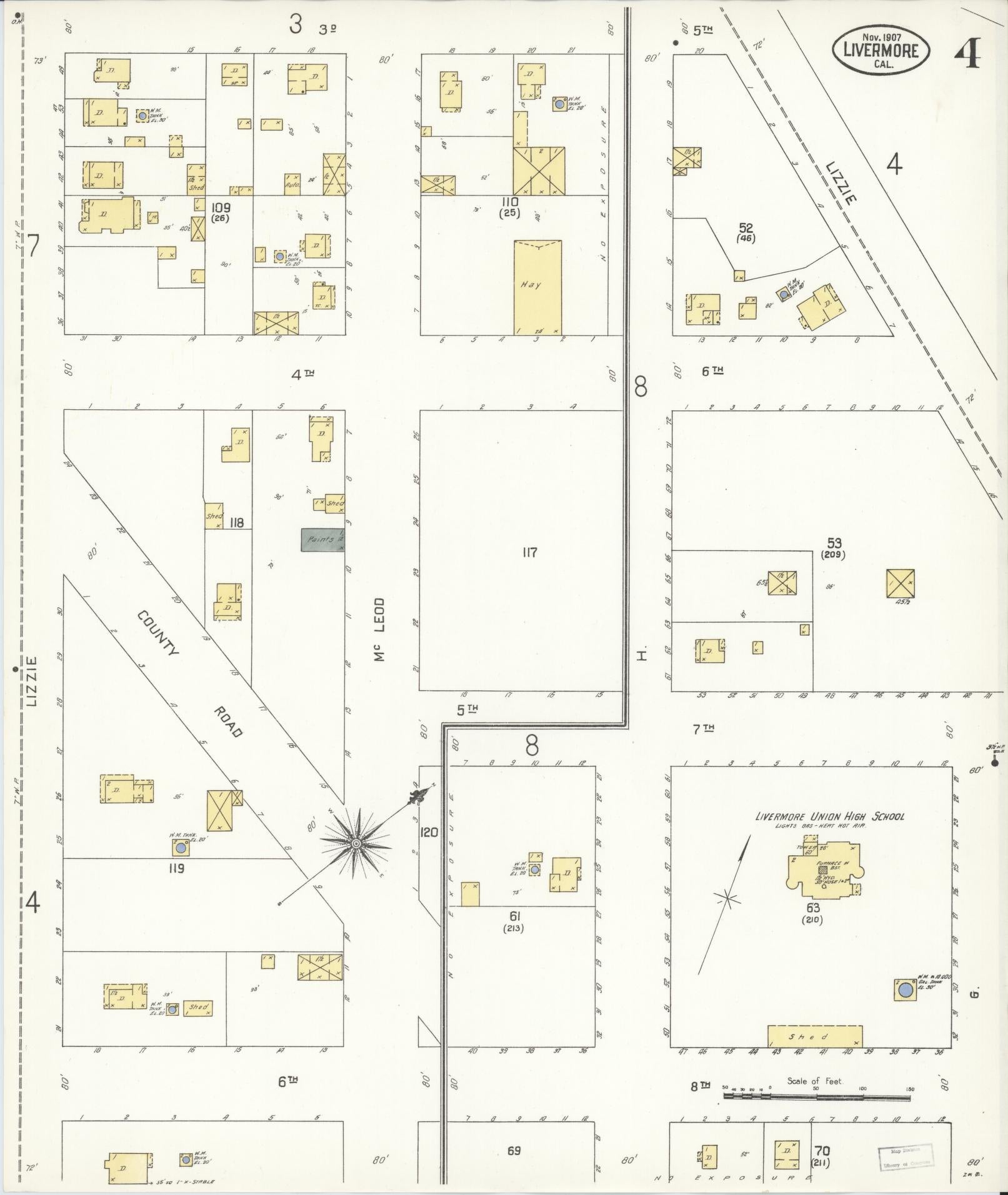 Sanborn Fire Insurance Map from Livermore, Alameda County, California (1907), Sheet #0004 - Historic Sanborn Fire Insurance Map Print, vintage old map wall art, antique decor, genealogy gift, California California map