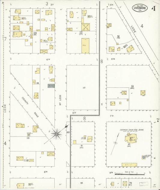 Sanborn Fire Insurance Map from Livermore, Alameda County, California (1907), Sheet #0004 - Historic Sanborn Fire Insurance Map Print, vintage old map wall art, antique decor, genealogy gift, California California map