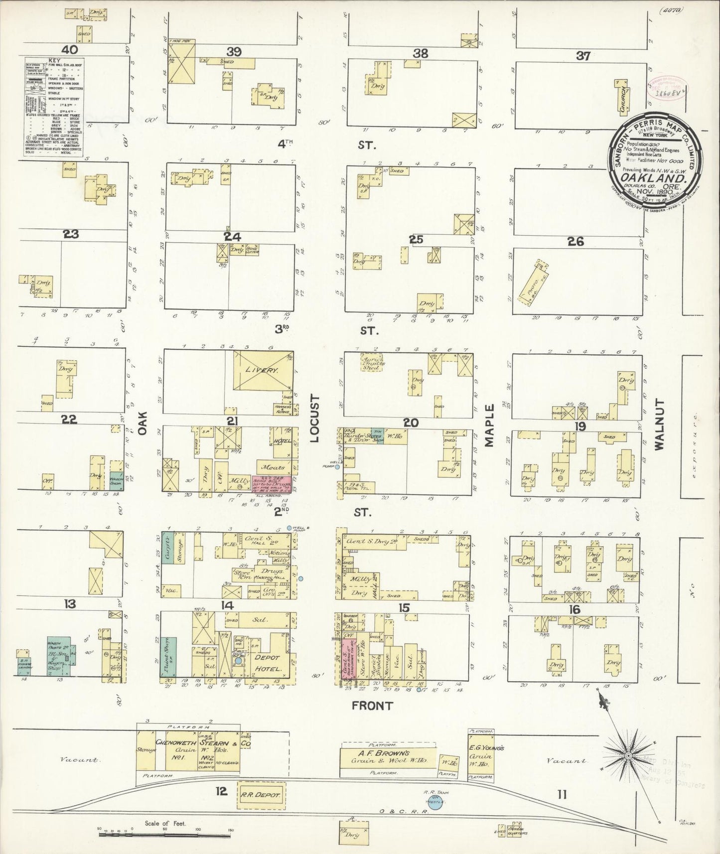 Sanborn Fire Insurance Map from Oakland, Douglas County, Oregon (1890), Sheet #0001 - Historic Sanborn Fire Insurance Map Print, vintage old map wall art, antique decor, genealogy gift, Oregon Oregon map
