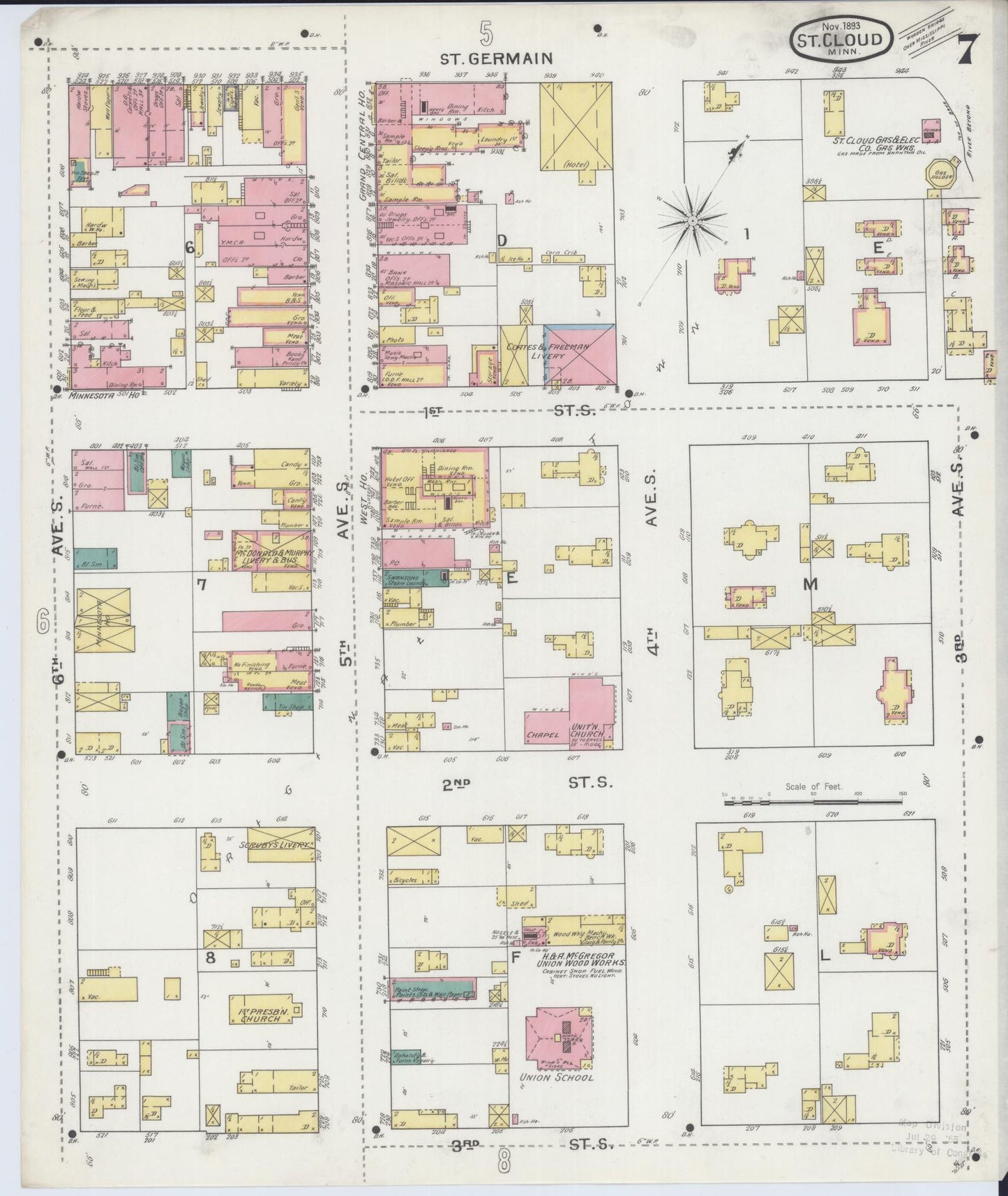 Sanborn Fire Insurance Map from Saint Cloud, Stearns, Benton, and Sherburne Counties, Minnesota (1893), Sheet #0007 - Complete Map Set gallery image, historic Sanborn map, vintage wall art, Minnesota Minnesota