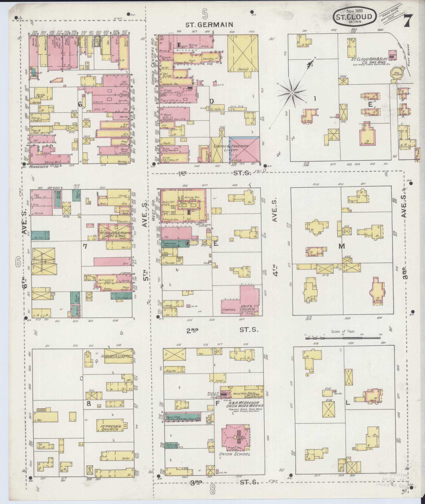 Sanborn Fire Insurance Map from Saint Cloud, Stearns, Benton, and Sherburne Counties, Minnesota (1893), Sheet #0007 - Complete Map Set gallery image, historic Sanborn map, vintage wall art, Minnesota Minnesota