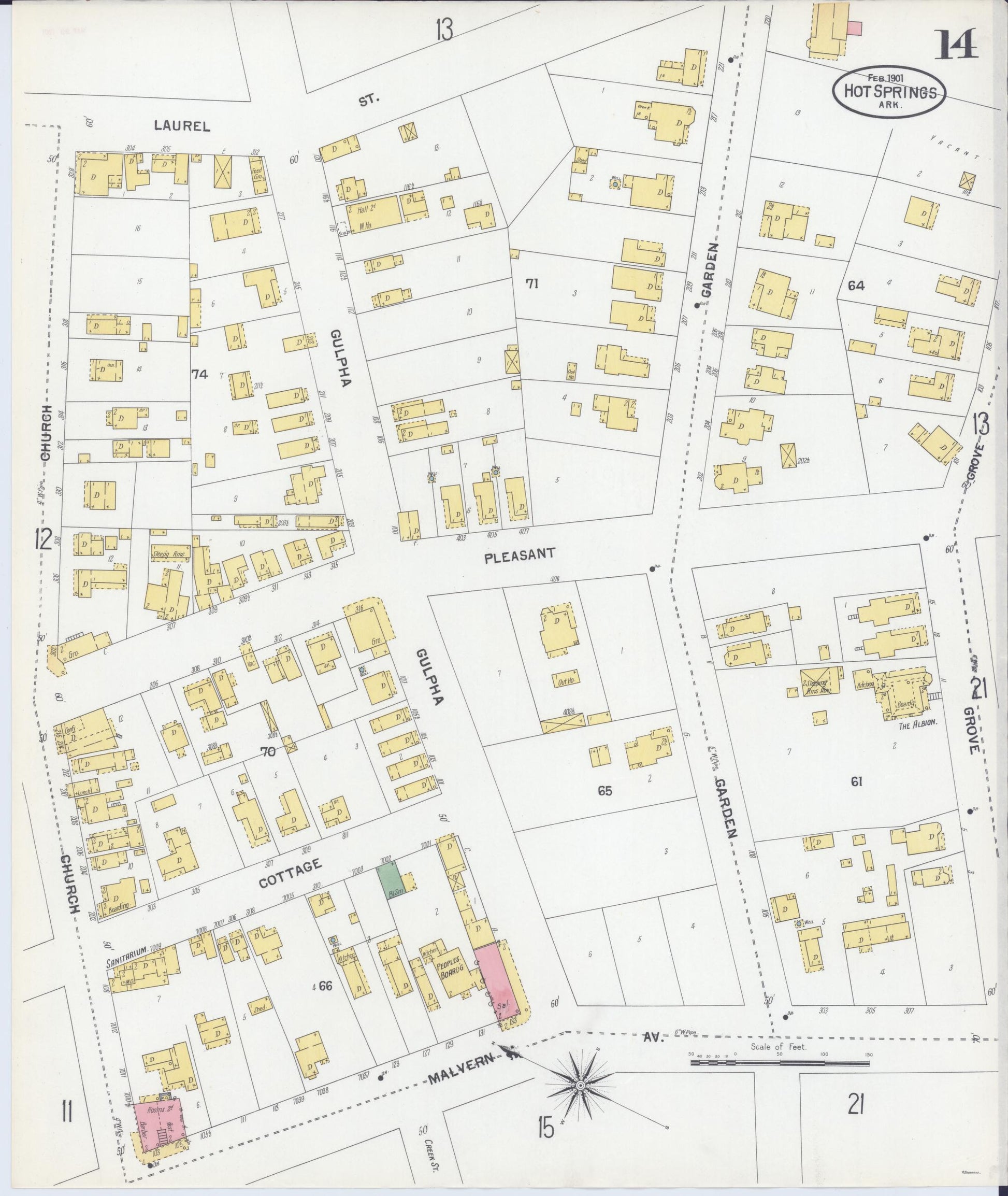 Sanborn Fire Insurance Map from Hot Springs, Garland County, Arkansas (1901), Sheet #0014 - Complete Map Set gallery image, historic Sanborn map, vintage wall art, Arkansas Arkansas