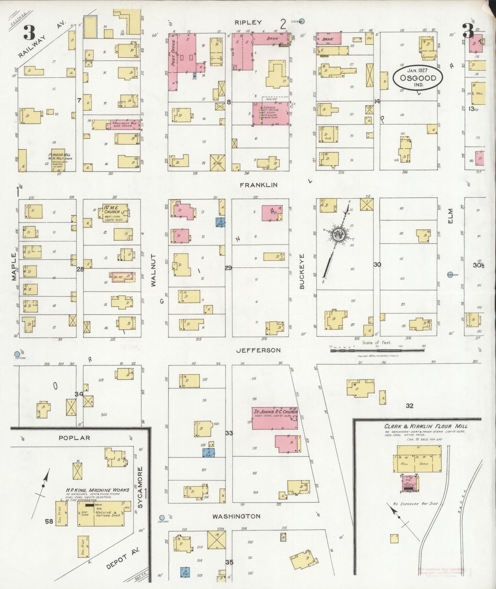 Sanborn Fire Insurance Map from Osgood, Ripley County, Indiana (1927), Sheet #0003 - Complete Map Set gallery image, historic Sanborn map, vintage wall art, Indiana Indiana