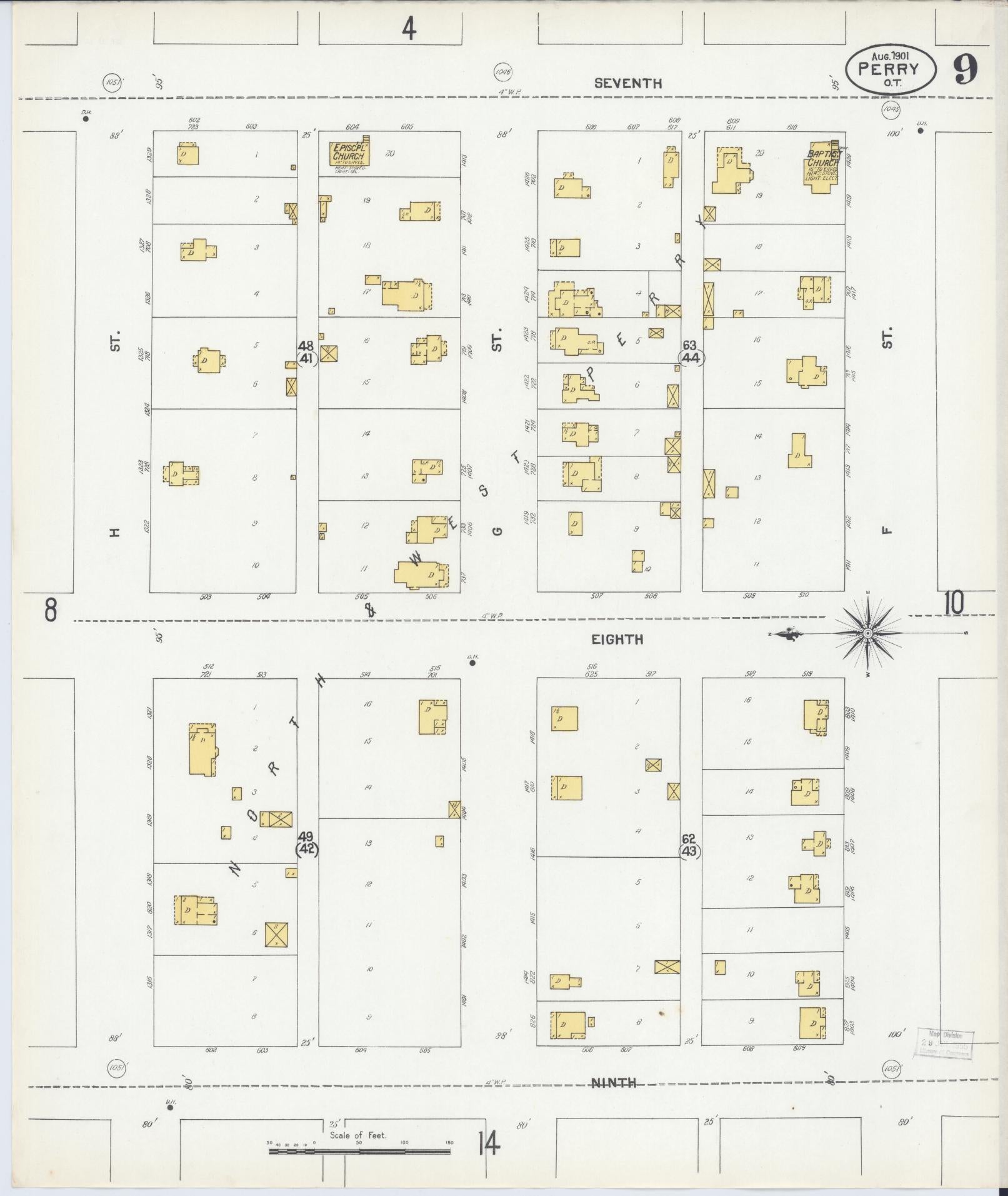 Sanborn Fire Insurance Map from Perry, Noble County, Oklahoma (1901), Sheet #0009 - Complete Map Set gallery image, historic Sanborn map, vintage wall art, Oklahoma Oklahoma