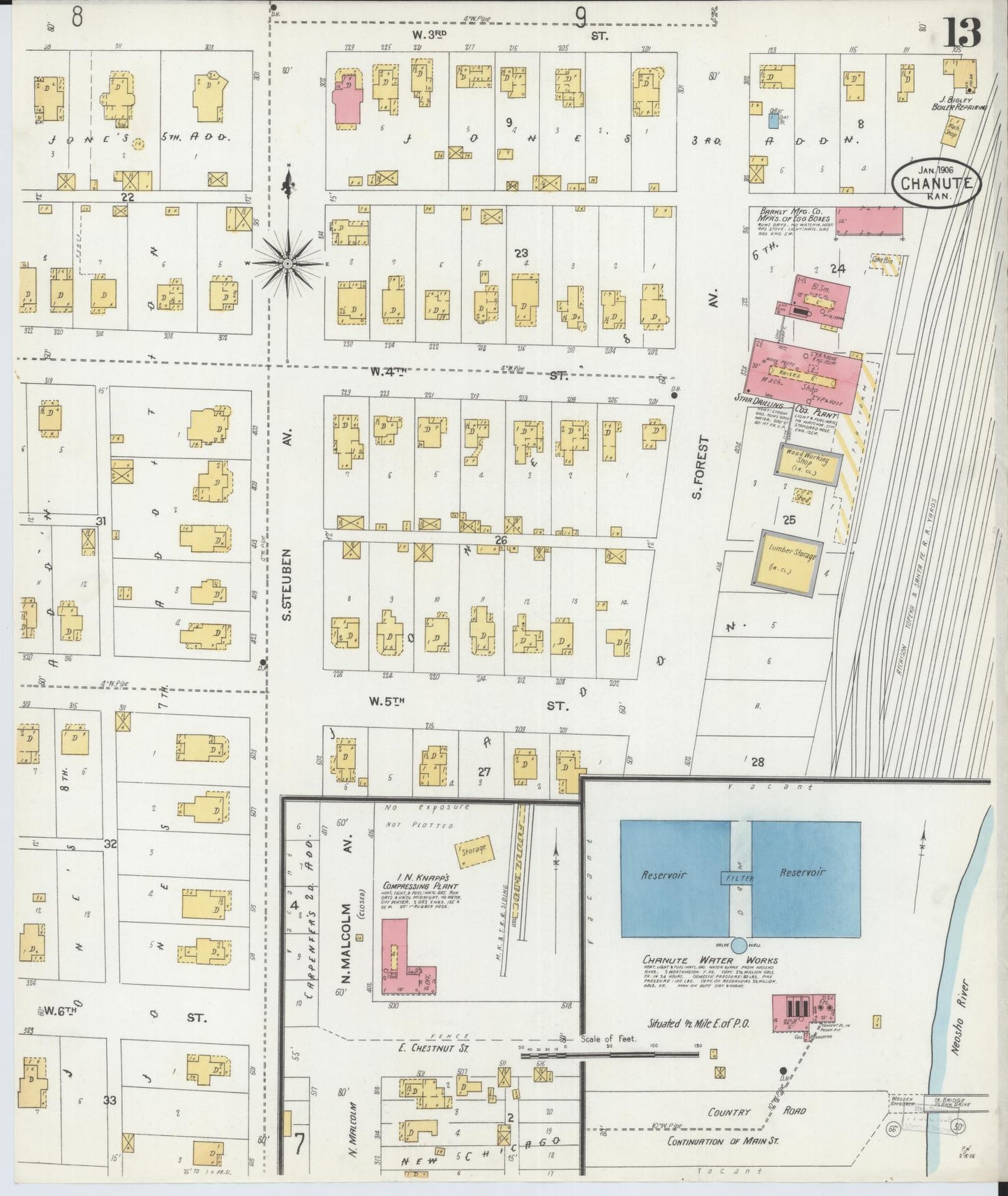 Sanborn Fire Insurance Map from Chanute, Neosho County, Kansas (1906), Sheet #0013 - Complete Map Set gallery image, historic Sanborn map, vintage wall art, Kansas Kansas