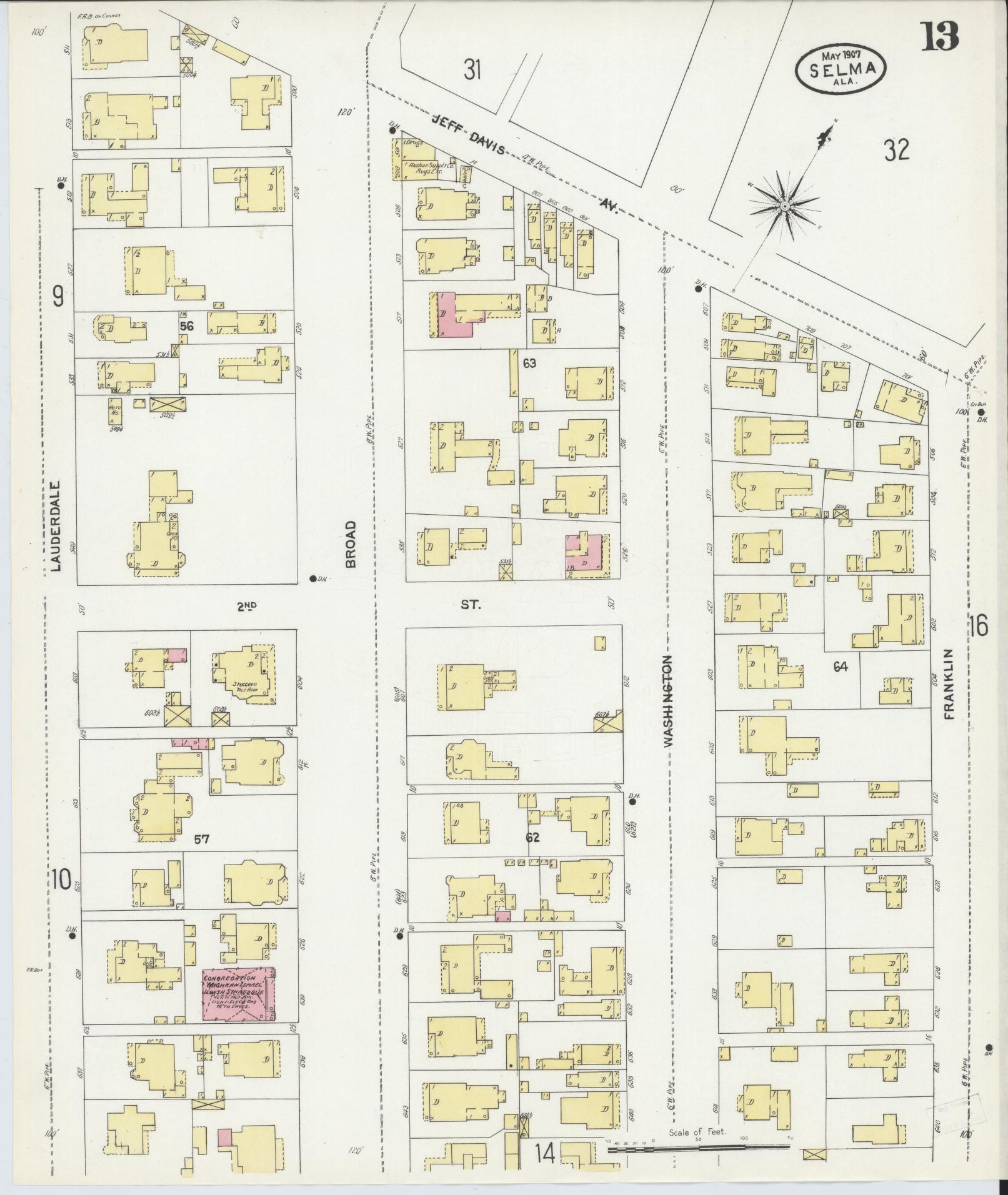 Sanborn Fire Insurance Map from Selma, Dallas County, Alabama (1907), Sheet #0013 - Historic Sanborn Fire Insurance Map Print, vintage old map wall art, antique decor, genealogy gift, Alabama Alabama map