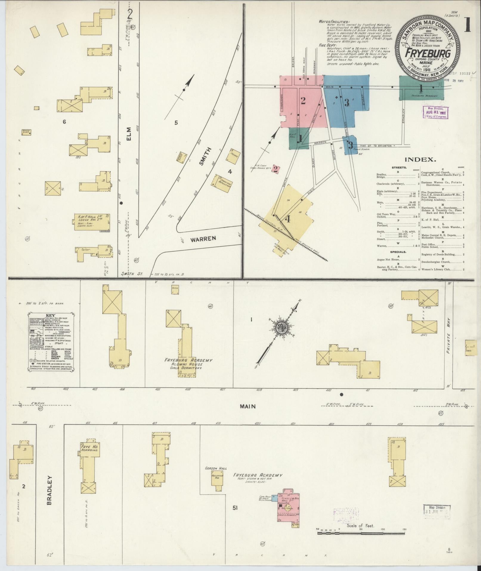 Sanborn Fire Insurance Map from Fryeburg, Oxford County, Maine (1911), Sheet #0001 - Historic Sanborn Fire Insurance Map Print, vintage old map wall art, antique decor, genealogy gift, Maine Maine map