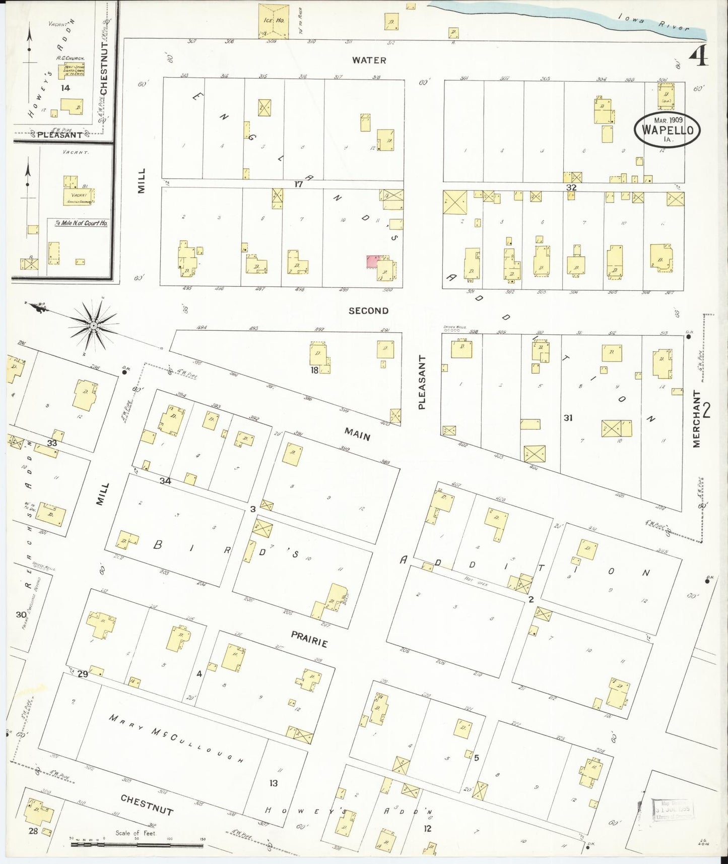 Sanborn Fire Insurance Map from Wapello, Louisa County, Iowa (1909), Sheet #0004 - Historic Sanborn Fire Insurance Map Print, vintage old map wall art