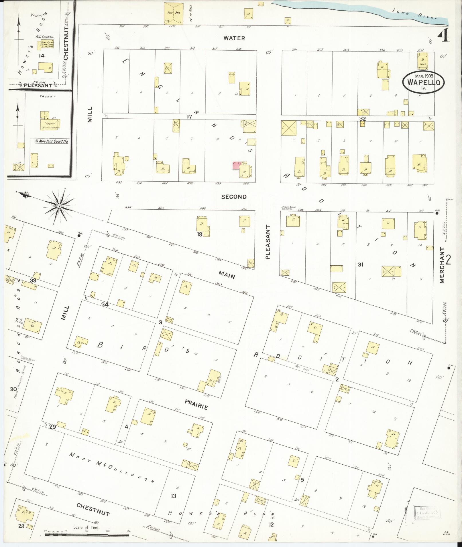 Sanborn Fire Insurance Map from Wapello, Louisa County, Iowa (1909), Sheet #0004 - Historic Sanborn Fire Insurance Map Print, vintage old map wall art
