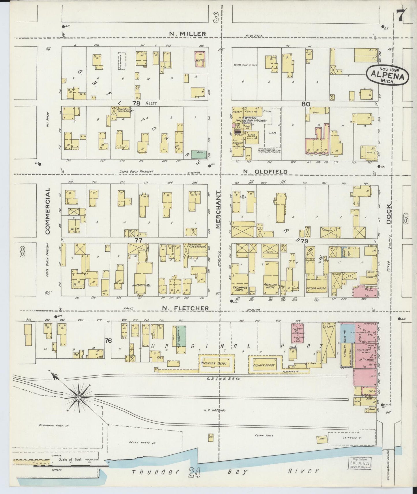 Sanborn Fire Insurance Map from Alpena, Alpena County, Michigan (1895), Sheet #0007 - Historic Sanborn Fire Insurance Map Print, vintage old map wall art, antique decor, genealogy gift, Michigan Michigan map
