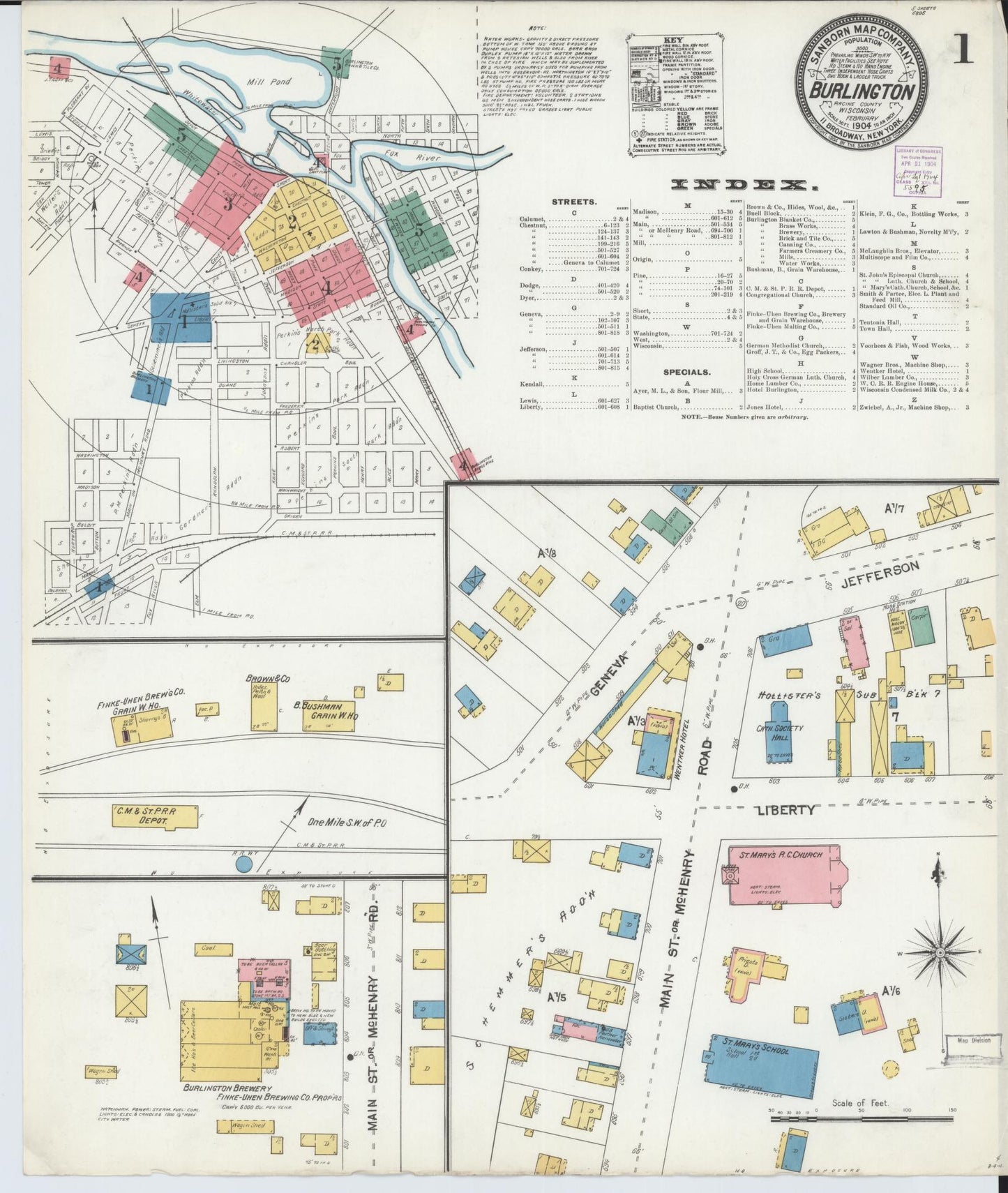 Sanborn Fire Insurance Map from Burlington, Racine County, Wisconsin (1904), Sheet #0001 - Historic Sanborn Fire Insurance Map Print, vintage old map wall art, antique decor, genealogy gift, Wisconsin Wisconsin map