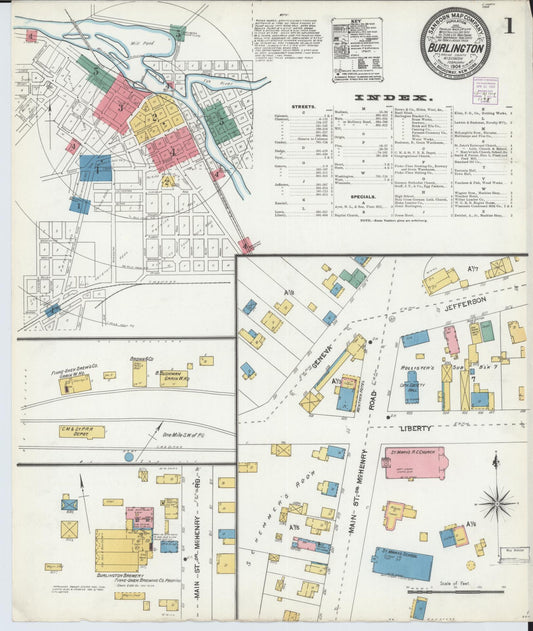 Sanborn Fire Insurance Map from Burlington, Racine County, Wisconsin (1904), Sheet #0001 - Historic Sanborn Fire Insurance Map Print, vintage old map wall art, antique decor, genealogy gift, Wisconsin Wisconsin map