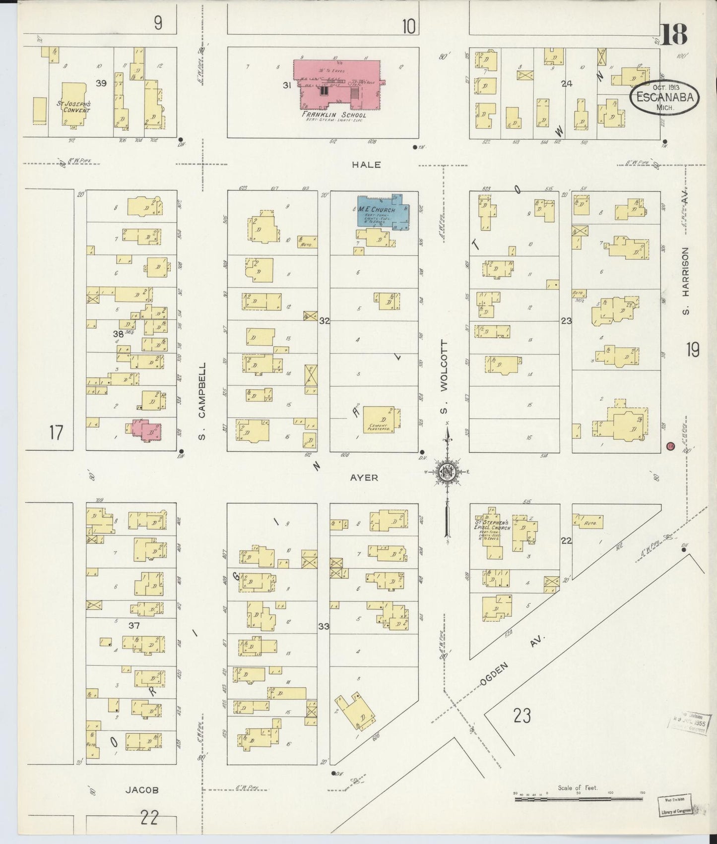 Sanborn Fire Insurance Map from Escanaba, Delta County, Michigan (1913), Sheet #0018 - Historic Sanborn Fire Insurance Map Print, vintage old map wall art, antique decor, genealogy gift, Michigan Michigan map